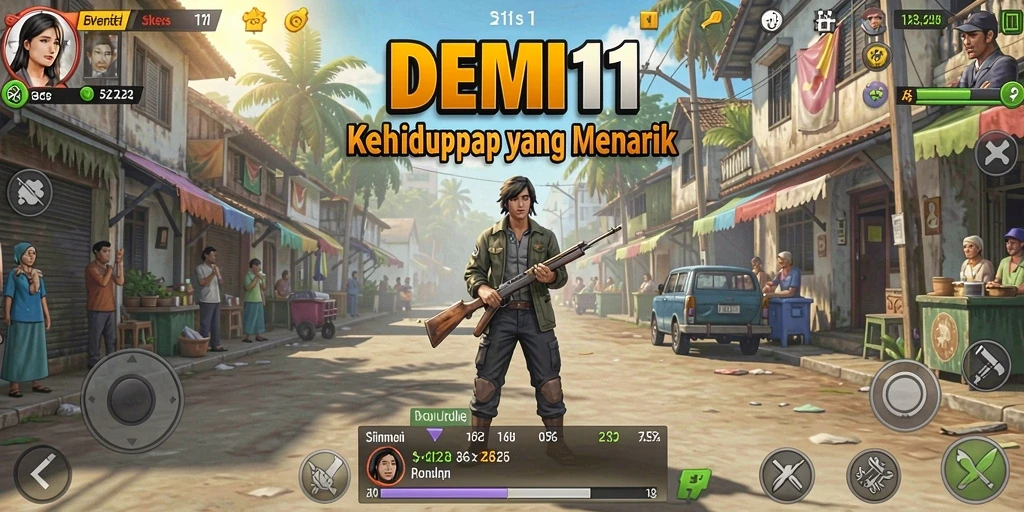 Screenshot gameplay DEMI11 yang menampilkan interaksi karakter dalam simulasi kehidupan.